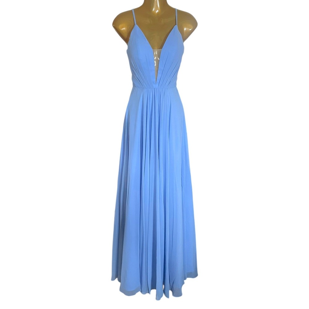 Abby Paris‎ Periwinkle Chiffon Lace Up Back Prom Dress Plunge Formal Gown 0